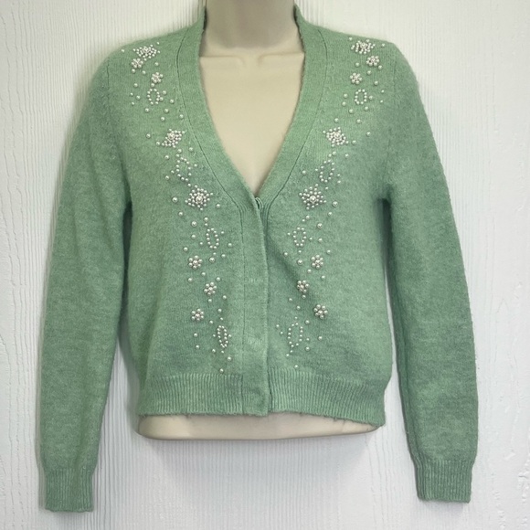 Zara - White Pearl Embellishment Mint Green Button Down Cardigan Size Small - Picture 3 of 10